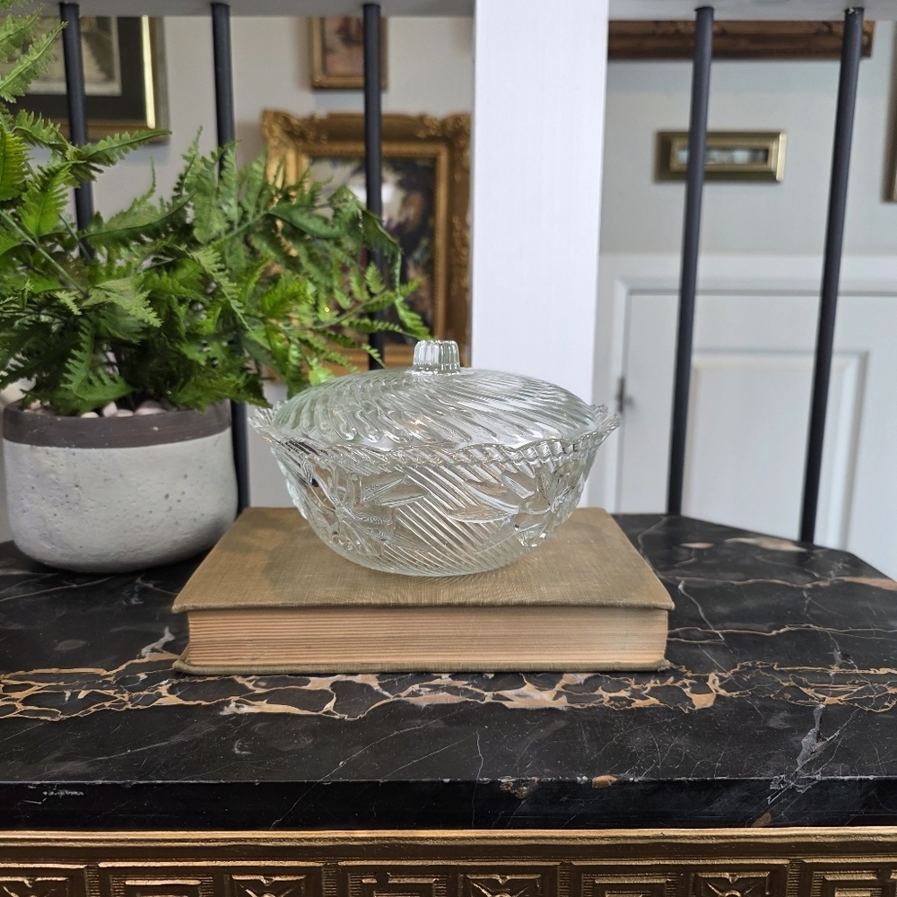 Vintage KIG Malaysia Glass Candy Dish w Lid Swirl & Floral Pattern 1980s Decor